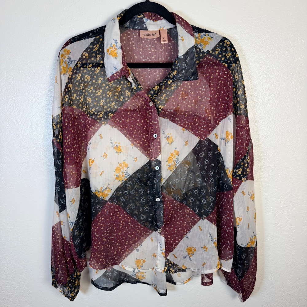 Willow + Root Women L Burgundy Patchwork Floral Sheer Button Blouse Dark Artsy